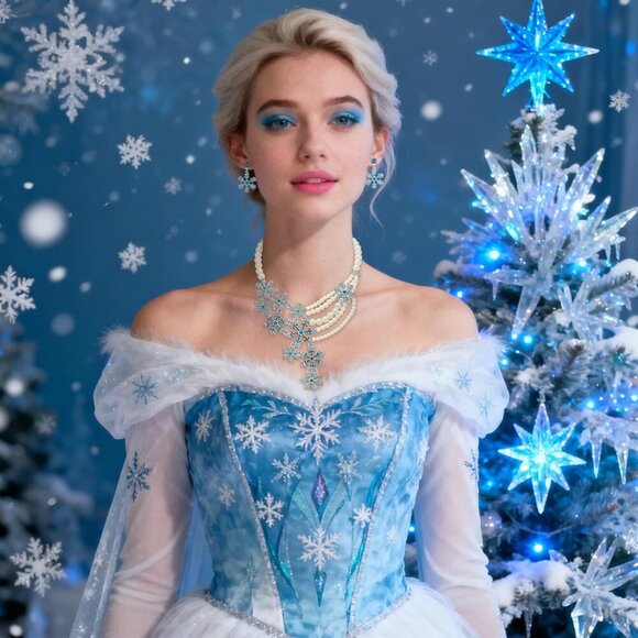 Bling Jewelry Womens Holiday Party Snowflake Pendant  Snowflake Blue Silver Pearl Crystal Necklace & Earrings Set - Elegant Winter Jew